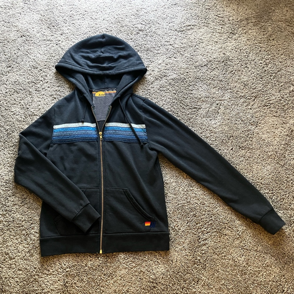 Aviator Nation Black Hoodie with Blue Stripes